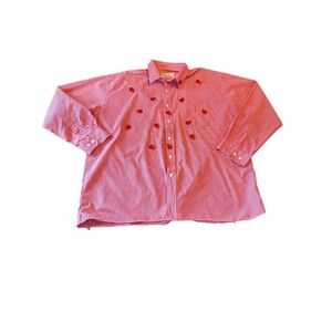 Vintage 80 Red & White Gingham Button-Up Shirt Ladybug Embroidery 1X Cotton